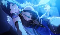 1girl bare_shoulders black_bra blue_dress blue_hair blunt_bangs bra breasts dice dress fur_trim genshin_impact green_eyes highres kinaco_4738 large_breasts looking_back short_hair smile solo string_pull underwear yelan_(genshin_impact)