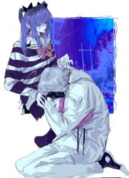 Rule 34 | 1boy, 1girl, amemiya darumi, aotsuki eito, black boots, black bow, black bowtie, black hair, black shorts, black skirt, blue background, blue hair, boots, bow, bowtie, closed eyes, collar, highres, hood, hoodie, lap pillow, long sleeves, multicolored hair, pants, pink thighhighs, pleated skirt, red bow, red collar, safety pin, shirt, short hair, shorts, sitting, skirt, striped clothes, striped shirt, the hundred line -last defense academy-, thighhighs, twintails, white background, white hair, white hoodie, white pants