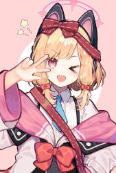 &gt;_o 1girl ;d absurdres animal_ear_headphones animal_ears aqua_necktie black_skirt blonde_hair blue_archive blush bow cat_ear_headphones cat_ears collared_shirt commentary dot_nose dress_shirt fake_animal_ears hair_bow halo hand_on_own_hip hand_up headphones highres hood hooded_jacket jacket long_sleeves looking_at_viewer low-tied_sidelocks momoi_(blue_archive) multicolored_jacket necktie nr_star one_eye_closed open_mouth parted_bangs pink_background pink_eyes pink_halo pink_jacket red_bow red_ribbon ribbon school_uniform shirt short_hair short_necktie sidelocks simple_background skirt smile solo star_(symbol) suspender_skirt suspenders swept_bangs teeth two-tone_background upper_body upper_teeth_only v-shaped_eyebrows w w_over_eye white_background white_jacket white_shirt wide_sleeves