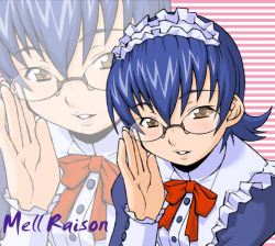 00s adjusting_eyewear blue_hair bonnet bow character_name glasses haganemaru_kennosuke maid maid_headdress mell mell_raison mullet sakura_taisen sakura_taisen_iii short_hair solo