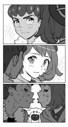 1boy 1girl bad_id bad_twitter_id blush cardigan dede_(qwea_00000) fur-trimmed_jacket fur_trim gen_8_pokemon gloria_(pokemon) greyscale hat hetero highres hop_(pokemon) imminent_kiss jacket looking_at_another monochrome nintendo pokemon pokemon_(creature) pokemon_swsh short_hair sparkle sweat tam_o&#039;_shanter upper_body wooloo