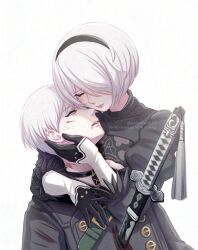 Rule 34 | 1boy, 1girl, 2b (nier:automata), 9s (nier:automata), artist name, black hairband, closed eyes, commentary, crying, cuts, english commentary, hairband, highres, hug, injury, lamdanthefish, nier:automata, nier (series), pink lips, sad, short hair, simple background, spoilers, stab, streaming tears, sword, sword tassel, tassel, tears, twitter username, watermark, weapon, white background, white hair