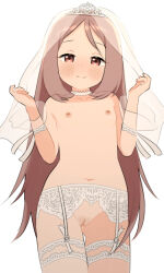 Rule 34 | 1girl, blush, bridal veil, brown eyes, brown hair, choker, closed mouth, collarbone, cowboy shot, female focus, flat chest, garter belt, garter straps, kai-o, long hair, looking at viewer, navel, nipples, original, pussy, simple background, smile, solo, standing, thighhighs, topless female, veil, very long hair, white background, white choker, white thighhighs