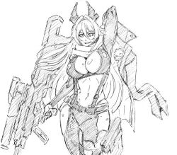 1girl arms_up breasts bullpup cleavage goddess_of_victory:_nikke graphite_(medium) greyscale gun hair_between_eyes holding holding_gun holding_weapon horns jacket jacket_over_shoulder lapel_pin large_breasts long_hair looking_at_viewer mechanical_horns monochrome navel pants rakusakugk red_hood_(nikke) rifle scarf scope sidelocks simple_background sketch sniper_rifle solo stomach suspenders traditional_media unworn_jacket weapon white_background