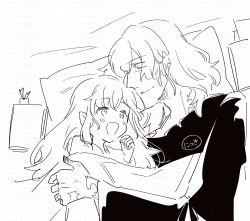 1boy 1girl :d absurdres bed_sheet book bookmark closed_mouth curse_maker curse_maker_1 doctor_magus doctor_magus_4 etrian_odyssey eye_contact greyscale highres long_hair long_sleeves looking_at_another lying monochrome nikki_kyousuke on_side open_mouth pillow pointy_ears shirt smile under_covers upper_body watermark white_background wide_sleeves