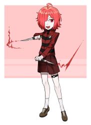 1girl absurdres ahoge asdf1211950 brown_shoes commission dagger dual_wielding full_body hair_over_one_eye highres holding holding_dagger holding_knife holding_weapon jacket knife looking_at_viewer open_mouth original pink_hair red_eyes red_jacket red_shorts shoes shorts smile socks solo striped_clothes striped_jacket weapon white_socks