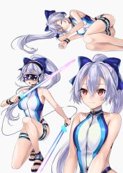 1girl absurdres blue_bow blue_one-piece_swimsuit bow breasts competition_swimsuit fate/grand_order fate_(series) hair_between_eyes hair_bow hane_yuki head-mounted_display headset highleg highleg_one-piece_swimsuit highres large_breasts long_hair looking_at_viewer multiple_views one-piece_swimsuit pink-tinted_eyewear ponytail red_eyes silver_hair swimsuit thighs tinted_eyewear tomoe_gozen_(fate) tomoe_gozen_(swimsuit_saber)_(fate) tomoe_gozen_(swimsuit_saber)_(first_ascension)_(fate) two-tone_swimsuit visor vr_visor white_one-piece_swimsuit