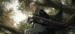 1girl black_boots black_cape blue_jacket boots cape closed_mouth copyright_name copyright_notice day feet_out_of_frame from_below grey_eyes grey_hair gun hair_ornament highres holding holding_gun holding_weapon in_tree jacket logo long_hair looking_at_viewer low_ponytail military_uniform official_art official_wallpaper on_branch outdoors pants petrification ponytail reverse:1999 rifle rifle_cartridge sentinel_(reverse:1999) sitting sitting_in_tree sitting_on_branch solo tree weapon white_pants