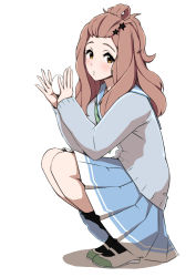 1girl :/ black_socks blue_sailor_collar blue_skirt blush brown_eyes brown_hair cardigan ccg842000 closed_mouth commentary_request egg female_focus final_fantasy food full_moon green_neckerchief grey_cardigan hair_ornament hair_rings hair_slicked_back hibike!_euphonium highres holding holding_egg holding_food kenzaki_ririka kneehighs liz_to_aoi_tori long_hair long_sleeves looking_back looking_to_the_side medium_skirt moon neckerchief sailor_collar shadow shoes simple_background skirt socks solo star_(symbol) star_hair_ornament uwabaki white_background white_shoes