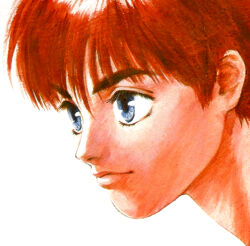 Rule 34 | 1990s (style), 1girl, animage, blue eyes, commentary, english commentary, highres, izumi noa, kidou keisatsu patlabor, magazine scan, portrait, poster (medium), red hair, retro artstyle, scan, serious, short hair, solo, takada akemi, traditional media, upper body, white background