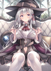 1girl black_cloak black_dress blush cloak closed_mouth clothing_cutout commentary_request couch dress grey_hair hair_ribbon hat highres holding holding_panties holding_underwear holding_unworn_clothes long_hair looking_at_viewer mage_staff navel navel_cutout original panties presenting_removed_panties purple_eyes ribbon ryo_(botugo) sitting solo thighhighs two-tone_dress underwear white_dress white_panties white_thighhighs witch witch_hat