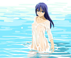 1girl blue_eyes blue_hair breasts female_focus kubocha kubota long_hair looking_at_viewer matching_hair/eyes medium_breasts nipples original partially_submerged see-through_clothes solo standing wading wet