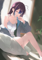 Rule 34 | 1girl, ahoge, black hair, blue hair, camisole, closed eyes, cohi27151463, highres, indie virtual youtuber, indoors, jacket, messy hair, mole, mole under eye, multicolored hair, nail polish, off shoulder, open clothes, open jacket, open mouth, sitting, sleepy, solo, squeans, streaked hair, virtual youtuber, waking up, white camisole, yubari rei