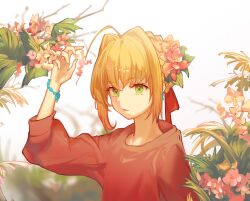absurdres ahoge alternate_costume blonde_hair blurry blurry_background braid braided_bun closed_mouth commentary commentary_request day depth_of_field earrings english_commentary expressionless eyelashes fate/grand_order fate_(series) flower green_eyes hair_bun hair_flower hair_ornament hair_ribbon hand_up highres huge_ahoge jewelry long_hair meteorecho mixed-language_commentary nero_claudius_(fate) outdoors pink_flower red_ribbon red_sweater ribbon sidelocks sky sweater three-quarter_sleeves tree upper_body white_sky wristband