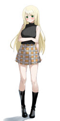 1girl arm_under_breasts bare_arms bare_shoulders black_boots black_sweater blonde_hair blush boku_no_kokoro_no_yabai_yatsu boots closed_mouth commentary_request full_body green_eyes hanzawa_yurine high_heel_boots high_heels highres long_hair looking_at_viewer miniskirt plaid_clothes plaid_skirt simple_background skirt sleeveless sleeveless_sweater solo standing sweater thigh_boots turtleneck turtleneck_sweater unai_suken white_background