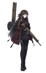 1girl absurdres assault_rifle backpack bag battle_rifle black_gloves black_hair black_pantyhose black_skirt blue_eyes boots breasts brown_hair closed_mouth coat counter:side full_body gloves gun headset highres holding holding_gun holding_weapon jacket large_breasts long_hair looking_at_viewer maxilax multicolored_hair open_clothes open_jacket pantyhose pleated_skirt pouch purple_eyes radio red_coat red_jacket ribbon rifle scope shin_jia sidelocks skirt sniper_rifle solo standing tachi-e tactical_clothes transparent_background trigger_discipline very_long_hair weapon