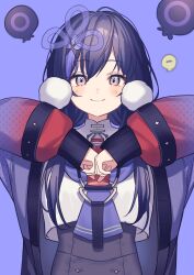 1girl black_hair blush closed_mouth commentary_request grey_eyes highres jacket long_hair long_sleeves looking_at_viewer lq_saku necktie nijisanji open_clothes open_jacket own_hands_together ponto_nei ponto_nei_(1st_costume) puffy_long_sleeves puffy_sleeves purple_background purple_jacket purple_necktie shirt simple_background smile solo upper_body virtual_youtuber white_shirt