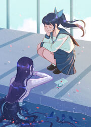 2girls andythelemon bare_shoulders black_footwear black_hair bracelet closed_eyes crossed_arms female_focus fishnets hand_on_own_face happy heart jewelry letter long_hair long_sleeves love_letter mermaid monster_girl multiple_girls original pale_skin petals pointy_ears ponytail pool purple_hair school_uniform shoes skirt smile squatting summer_uniform sunlight talking teeth topless_female water watermark yuri
