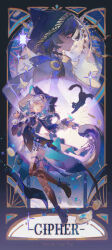 1girl absurdres animal_ear_fluff animal_ears black_cat black_gloves boots cat cat_ears cat_girl cat_tail character_name cipher_(honkai:_star_rail) crying crying_with_eyes_open fingerless_gloves full_body gloves grey_hair high_heels highres honkai:_star_rail honkai_(series) long_sleeves looking_at_object multiple_views niukou_kouzi open_mouth smile tail tears teeth thigh_boots thigh_strap upper_teeth_only