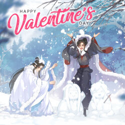 2boys :d arms_up bare_tree black_hair black_hanfu blurry blurry_background branch building_snowman cape character_snowman chinese_clothes closed_eyes closed_mouth copyright_notice day english_text fur-trimmed_cape fur_trim grey_eyes hanfu happy_valentine highres hood hood_up hooded_cape implied_yaoi lan_wangji long_hair long_sleeves looking_at_another male_focus modao_zushi multiple_boys official_art open_mouth outdoors ponytail red_cape red_sash robe sash sidelocks sitting smile snow snowball snowball_fight snowing snowman standing stick topknot tree very_long_hair wei_wuxian white_cape white_hanfu wide_sleeves winter winter_clothes xiao_guan_(headdress) yellow_eyes