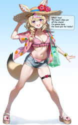 1girl animal_ear_fluff animal_ears bikini black_hair blonde_hair blue_shorts blush braid breasts commentary_request denim denim_shorts ears_through_headwear english_text facial_mark feet fingernails flower food_print fox_ears fox_girl fox_tail frilled_bikini frills fruit_print full_body gradient_background hair_between_eyes hair_ornament hat hat_flower heart highres hololive large_breasts legs_apart long_hair looking_at_viewer maro2ki3 multicolored_hair nail_polish omaru_polka open_clothes open_fly open_mouth open_shirt pink_hair pink_nails pink_shirt platform_sandals print_shirt red_flower sandals shirt short_shorts short_sleeves shorts single_braid smile solo standing straw_hat streaked_hair striped_bikini striped_clothes swimsuit tail thigh_strap toenail_polish toenails toes transparent_bag virtual_youtuber watch wristwatch x_hair_ornament