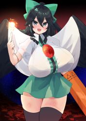 1girl absurdres alternate_eye_color aqua_eyes arm_cannon bird_wings black_background black_hair black_thighhighs black_wings blue_eyes bow bra_visible_through_clothes breasts cape center_frills commentary_request control_rod_(touhou) cowboy_shot double-parted_bangs fang frilled_shirt_collar frills green_bow green_skirt hair_between_eyes hand_up highres huge_breasts open_mouth pointing puffy_short_sleeves puffy_sleeves reiuji_utsuho shinonome_zakuro shirt short_sleeves skirt solo thighhighs third_eye third_eye_on_chest touhou variant_set weapon white_shirt wings