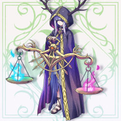 1girl antlers black_robe blindfold blue_fire fire gal_guardians gal_gun_(series) highres holding hood hood_up hooded_robe horns official_art purple_fire purple_hair robe simple_background solo sophis_(gal_gun) weighing_scale