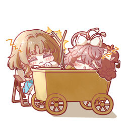 2girls ahoge blue_dress bow brown_hair chibi closed_eyes cradle dress eagle_(reverse:1999) flutterpage full_body hair_bow highres hitting holding holding_rod multiple_girls nijiiro_diary on_chair reverse:1999 rod short_hair sitting sleeping sleeping_upright wavy_mouth wheel white_background white_bow zzz
