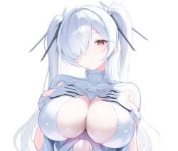 1girl bodysuit breasts cinderella_(nikke) cleavage cleavage_cutout clothing_cutout commentary goddess_of_victory:_nikke hair_over_one_eye hands_on_own_chest large_breasts long_hair looking_at_viewer parted_lips red_eyes shirasato_(phzm8733) solo twintails white_background white_bodysuit white_hair