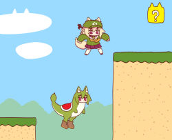 2girls ?_block animal_ear_fluff animal_ears bell blonde_hair blue_sky boots brown_collar brown_footwear cloud collar day ears_through_headwear flat_cap fox_ears fox_girl fox_tail green_headwear green_shirt hair_between_eyes hair_bun hair_ornament hat highres jingle_bell jumping kemomimi-chan_(naga_u) long_sleeves mario mario_(series) multiple_girls naga_u neck_bell nintendo orange_neckwear original outdoors pleated_skirt purple_skirt red_eyes ribbon-trimmed_legwear ribbon_trim sailor_collar shirt single_hair_bun skirt sky sleeves_past_fingers sleeves_past_wrists super_mario_world tail thighhighs white_legwear white_sailor_collar yoshi