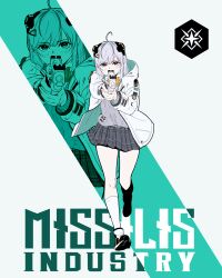 1girl absurdres admi_(nikke) ahoge aiming aiming_at_viewer bow bowtie english_text flat_color full_body goddess_of_victory:_nikke green_hair grey_hair grey_skirt grey_sweater gun hair_between_eyes hair_ornament handgun headgear highres holding holding_gun holding_weapon hood hood_down hooded_jacket jacket logo long_sleeves looking_at_viewer multicolored_hair open_clothes pink_eyes plaid_clothes plaid_skirt pleated_skirt projected_inset runao_noire running shoes skirt socks solo streaked_hair sweater sweater_vest weapon white_background white_jacket white_socks yellow_bow yellow_bowtie zoom_layer