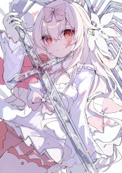 Rule 34 | 1girl, absurdres, arcaea, blood, blood on face, bow, breasts, bug, butterfly, cleavage, clover 39, dress, flipped hair, flower, gloves, highres, hikari (arcaea), hikari (fatalis) (arcaea), holding, holding sword, holding weapon, insect, long sleeves, medium breasts, pink bow, pink eyes, pink flower, pink hair, pink rose, red butterfly, rose, sidelocks, solo, sword, thighhighs, weapon, white dress, white gloves, white thighhighs, wide sleeves
