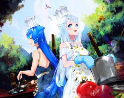 2girls adapted_costume alternate_costume amatsuka_uto apron back-to-back backless_dress backless_outfit bao_(vtuber) blue_dress blue_eyes blue_hair blush chef_hat commentary cooking cubeskar dress english_commentary hat highres holding holding_knife indie_virtual_youtuber knife liquid_hair long_hair looking_at_viewer looking_down multiple_girls open_mouth overcooked pot red_eyes silver_hair smile tomato tree very_long_hair virtual_youtuber white_dress