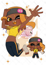 &gt;_&lt; 1girl :3 :d ankle_socks arm_up armpits asymmetrical_sidelocks black_headband black_leggings breasts chibi chibi_inset colored_tongue commentary_request commission coula_cat cropped_sweater dark-skinned_female dark_skin dot_nose eyebrow_cut grin hand_on_own_head headband highres inkling inkling_girl inkling_player_character jewelry jumping leggings legs_apart long_hair long_sidelocks midriff navel necklace nintendo one_eye_closed open_mouth orange_eyes orange_hair orange_scrunchie outstretched_arms pointy_ears ribbed_sweater scrunchie sidelocks single_vertical_stripe skeb_commission sleeveless sleeveless_sweater small_breasts smile socks sparkle splatoon_(series) sweater tentacle_hair toeless_socks turtleneck turtleneck_sweater twitter_username v-shaped_eyebrows watermark watermark_grid wrist_scrunchie xd yellow_sweater