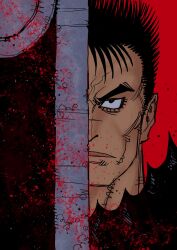 Rule 34 | 1boy, absurdres, armor, azoinab, berserk, berserker armor, black armor, black hair, blood, bloody weapon, dragonslayer (sword), frown, greatsword, guts (berserk), highres, huge weapon, lower eyelashes only, male focus, portrait, red background, scar, scar on face, scar on nose, short hair, split theme, sword, v-shaped eyebrows, weapon