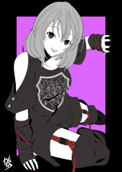 1girl absurdres arm_at_side artist_name assault_lily bare_shoulders black_border black_nails black_shirt black_shoes black_shorts border breasts buckle clothing_cutout commentary_request detached_pants detached_sleeves flat_color floral_print foot_out_of_frame grey_hair hair_between_eyes hand_up hata_matsuri high_contrast highres looking_at_viewer medium_breasts medium_hair multicolored_nails nail_polish open_mouth outside_border print_shirt purple_background purple_eyes red_nails senri_(senri03151221) shirt shoes short_sleeves shorts shoulder_cutout simple_background sitting sleeves_past_wrists smile snap-fit_buckle solo teeth upper_teeth_only