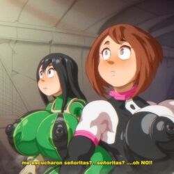 2girls angelauxes areolae_visible_through_clothing asui_tsuyu black_hair boku_no_hero_academia breast_focus breasts brown_hair covered_erect_nipples gigantic_breasts huge_breasts large_breasts long_hair multiple_girls nipples spanish_text tagme translation_request uraraka_ochako