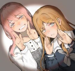 2girls bang_dream! bang_dream!_it&#039;s_mygo!!!!! blue_shirt brown_hair chihaya_anon cobayya commentary grey_eyes grey_neckerchief hands_up highres index_finger_raised long_hair long_sleeves multiple_girls nagasaki_soyo neckerchief pink_hair school_uniform shirt sidelocks smile spotlight tsukinomori_school_uniform white_background white_shirt