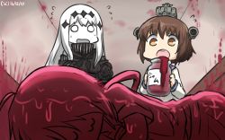 10s 3girls :3 abyssal_ship aircraft_carrier_water_oni black_gloves brown_hair commentary dated flying_sweatdrops gloves hair_ornament hallway hamu_koutarou headgear highres jam jar kako_(kancolle) kantai_collection long_hair multiple_girls neckerchief open_mouth sleeping solid_circle_eyes teruyof turtleneck white_hair yukikaze_(kancolle)