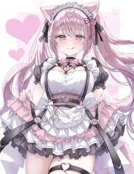 Rule 34 | 1girl, :q, animal ear fluff, animal ears, antenna hair, belt, black belt, black ribbon, blush, bow, bowtie, breasts, cleavage, dress, fingernails, hair ribbon, hakui koyori, hakui koyori (dark maid), heart, heart background, heart o-ring, highres, hololive, kochitora 9, large breasts, long hair, looking at viewer, maid headdress, nail polish, o-ring, o-ring thigh strap, official alternate costume, pink bow, pink bowtie, pink dress, pink eyes, pink hair, pink nails, ribbon, solo, tail, thigh strap, thighs, tongue, tongue out, twintails, virtual youtuber, wolf ears, wolf girl, wolf tail