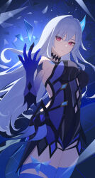 1girl absurdres bare_shoulders black_dress breasts broken broken_glass commentary crossed_bangs crystal_shards diamond-shaped_pupils diamond_(shape) dress expressionless genshin_impact glass hair_between_eyes hair_intakes hair_ornament hand_up highres long_hair looking_at_viewer medium_breasts night night_sky object_floating_above_hand palulap prosthesis prosthetic_arm prosthetic_leg red_eyes skirk_(genshin_impact) sky solo standing star_(sky) symbol-shaped_pupils thighs two-tone_dress very_long_hair white_hair
