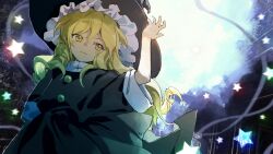 Rule 34 | 1girl, absurdres, black dress, black hat, blonde hair, blush, buttons, closed mouth, collar, collared dress, commentary request, danmaku, dress, glowing, hand on headwear, hat, highres, kaigen 1025, kirisame marisa, light blush, light smile, long hair, phantasmagoria of dim.dream, smile, solo, star (symbol), touhou, touhou (pc-98), very long hair, wide sleeves, witch hat, yellow eyes