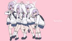 1girl arm_up atsuko&#039;s_grin_(meme) atsuko_(blue_archive) backpack bag black_shoes blue_archive blue_skirt commentary_request crying eating full_body grin halo hand_up hands_up holding_strap hood hood_up hoodie kyu-kurarin_(cevio) leg_up long_hair long_sleeves looking_to_the_side low_twintails meme miniskirt multiple_views parody pink_background pleated_skirt puffy_long_sleeves puffy_sleeves purple_hair red_eyes sanmon_illus shoes simple_background skirt sleeves_past_fingers sleeves_past_wrists smile socks solo standing standing_on_one_leg translation_request twintails v-shaped_eyebrows white_hoodie white_socks