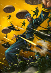 1boy aircraft bad_company_(stand) blue_hair gakuran helicopter jojo_no_kimyou_na_bouken male_focus nijimura_keicho parachute ryou-k ryuusei_(mark_ii) school_uniform stand_(jojo) toy_soldier