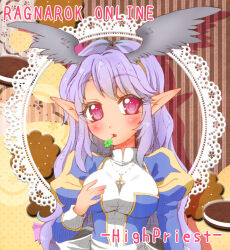 1girl blue_dress blush bow breasts brown_background character_name clover commentary_request copyright_name cross cross_necklace dress fake_wings feathered_wings four-leaf_clover grey_wings hand_on_own_chest head_wings high_priest_(ragnarok_online) jewelry juliet_sleeves kamui_setsuna large_breasts long_hair long_sleeves looking_at_viewer necklace open_mouth pink_eyes pointy_ears puffy_sleeves purple_hair ragnarok_online sash solo two-tone_dress upper_body white_bow white_dress white_sash wings
