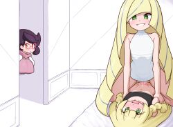3girls age_difference bar_censor big_hair black_tank_top blonde_hair blush bottomless braid breasts capelet censored cowgirl_position cum cumdrip dress futa_with_female futanari girl_on_top glasses green_eyes height_difference incest large_breasts lillie_(pokemon) liveactors long_hair lusamine_(pokemon) mature_female mother_and_daughter multiple_girls nintendo on_bed peeking penis pink-framed_eyewear pink_sweater pinned pokemon pokemon_sm purple_hair red-framed_eyewear ribbed_sweater sex short_hair sleeveless sleeveless_dress straddling sweater sweater_guard tank_top turtleneck turtleneck_sweater twin_braids very_long_hair white_capelet white_dress wicke_(pokemon)