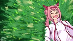 1girl animal_ears breaking_bad closed_eyes grass haru_urara_(umamusume) highres horse_ears horse_girl huell_rolling_in_money_(meme) lying medium_hair meme on_back open_mouth pink_hair ryegrass_for_haru_urara smile solo umamusume upper_body yowhza