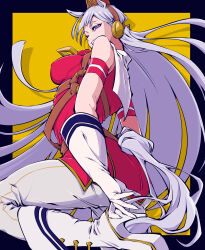 1girl absurdres animal_ears border commentary commentary_request from_below gold_ship_(umamusume) highres horse_ears horse_girl horse_tail kinchaku_(udonntyaku) long_hair partial_commentary pillbox_hat purple_eyes tail umamusume white_hair