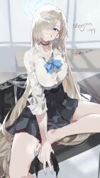 1girl abrokedrawer absurdres asuna_(blue_archive) asymmetrical_bangs backlighting bag barefoot black_bag black_choker black_skirt blonde_hair blue_archive blue_bow blue_bowtie blue_eyes blue_nails blue_ribbon bow bowtie breasts button_gap choker clenched_teeth commentary deep_skin derivative_work desk feet fingernails foot_out_of_frame grin gyaru hair_over_one_eye hair_ribbon hair_spread_out halo highres holding holding_unworn_clothes incredibly_absurdres indoors large_breasts light_brown_hair light_rays long_bangs long_fingernails long_hair looking_at_viewer miniskirt modare nail_polish on_table one_eye_covered pleated_skirt ribbon school_bag school_desk school_uniform shirt shirt_tucked_in single_sock sitting skirt smile socks solo table teeth thighs toenail_polish toenails toes v very_long_hair white_shirt