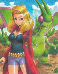 1girl 1other 2018 absurdres artist_name belt black_eyes black_shirt blonde_hair blue_eyes breasts bush claws cleavage closed_mouth coat day diane_(pokemon) dragon dragon_wings flygon gen_3_pokemon highres holding holding_poke_ball large_breasts long_hair medium_breasts nintendo nostrils outdoors parted_lips poke_ball pokemon pokemon:_jirachi:_wish_maker pokemon_(anime) pokemon_rse_(anime) purple_shorts ravernclouk_design red_coat red_scarf rock scarf shirt shorts sky traditional_media very_long_hair wings